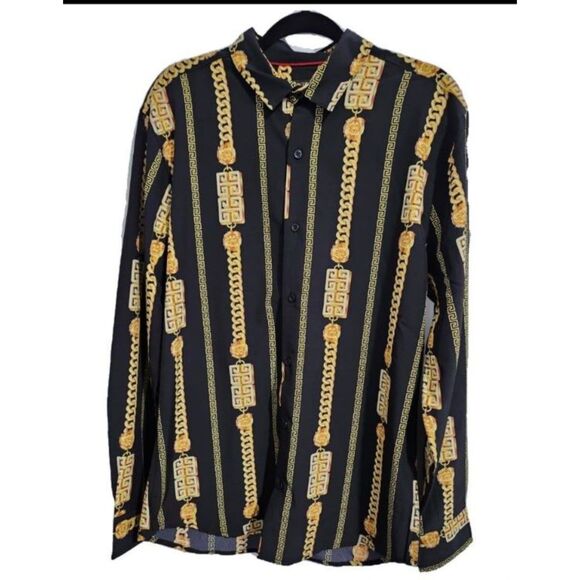 Baroque Gold Chain Italian Designer Style Men's Dress Shirt  Long Sleeve L - Picture 1 of 4